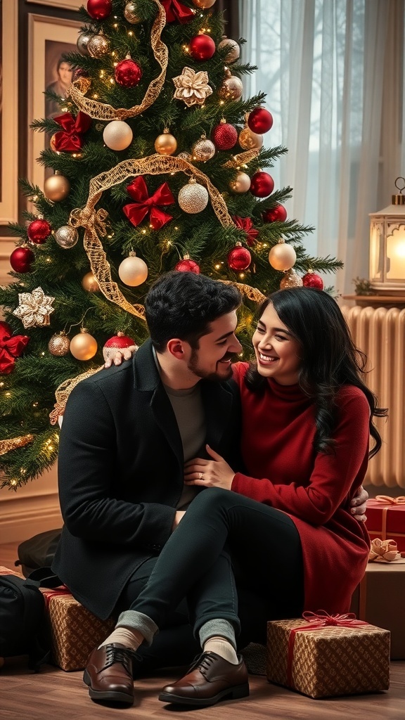 A romantic couple by a Christmas tree, sharing a warm embrace amidst festive decorations.